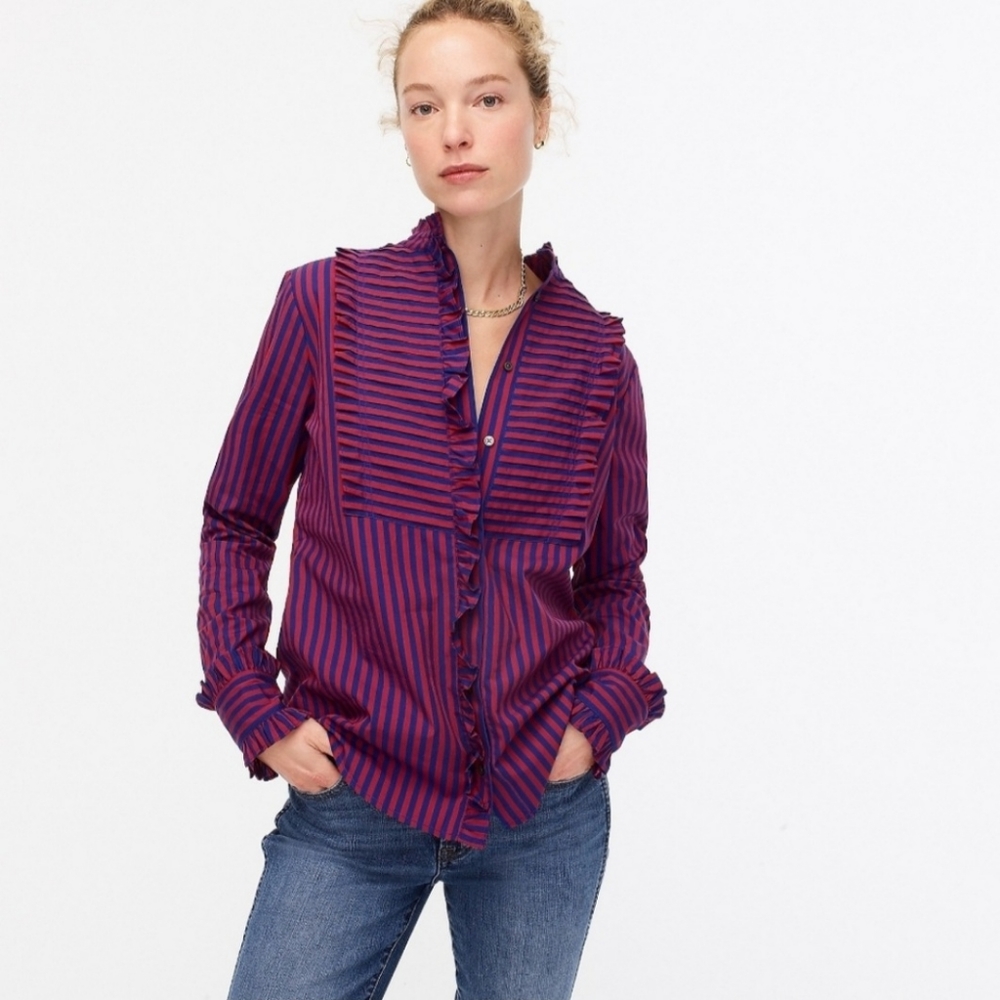 J.CREW Ruffle-Trim Tuxedo Shirt In Stripe